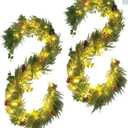NUPTIO Artificial Christmas Garland with Lights: 2Pcs 6.2Ft Pre-Lit Gold Glitter Garland with Pine Cones Red Berry Eucalyptus - Xmas Decorations for Mantle Fireplace Railing Stairs Table Door