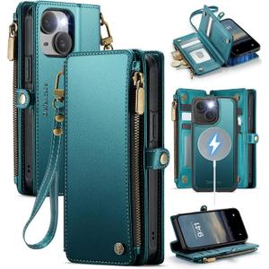 Defencase for iPhone 15 Magnetic Wallet Case Compatible with Magsafe with RFID Blocking Zipper & Card Holder for Women Men, PU Leather Strap Detachable Phone Case for iPhone 15 (6.1 inch), Blue Green