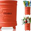 French Coral Ceramic Utensil Holder - Vintage Style Kitchen Utensil Caddy - Antique Design Cooking Utensil Organizer - Rustic French Country Utensil Crock for Cooking Enthuziast