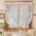 Romantic Floral Tie Up Curtains for Small Window Elegant Lace Balloon Sheer Curtain for Kitchen Bedroom Adjustable Sheer Curtain Valance for Bathroom Rod Pocket, 1 Panel (Beige,W52 L47 inch)
