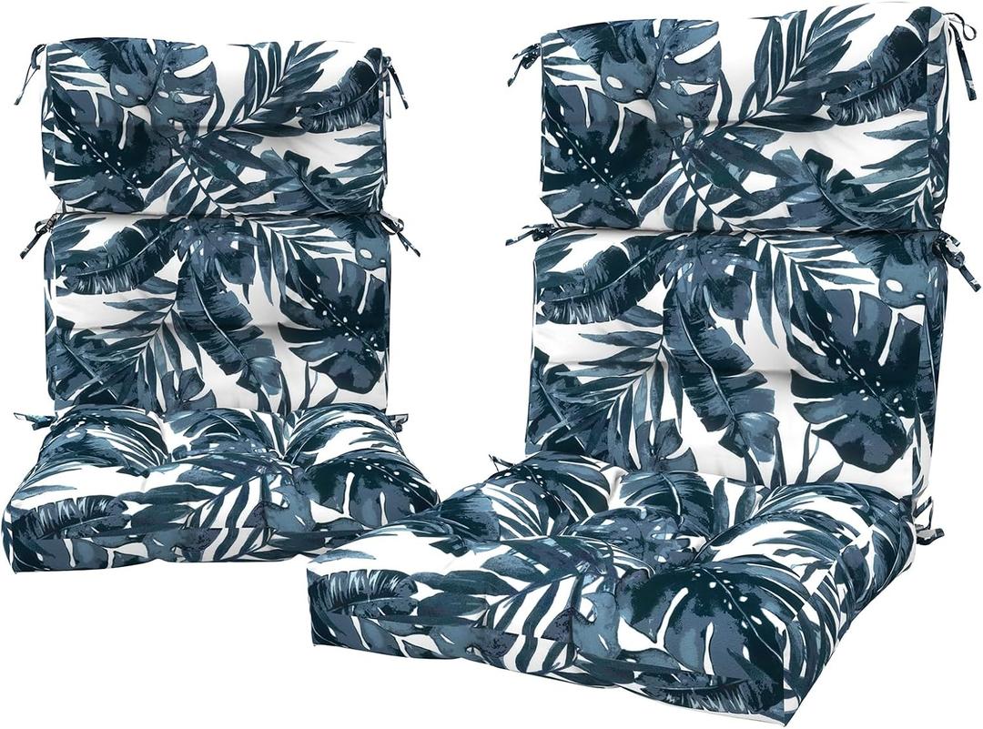 LVTXIII 2 Pack Outdoor High Back Cushions, 22" W x 20" D Tufted Seat and Back Chair Cushion with Ties, Fluffy Patio Replacement Rocking Chair Cushion for Outdoor Furniture Use, Palm Blue, 44"x22"x4"