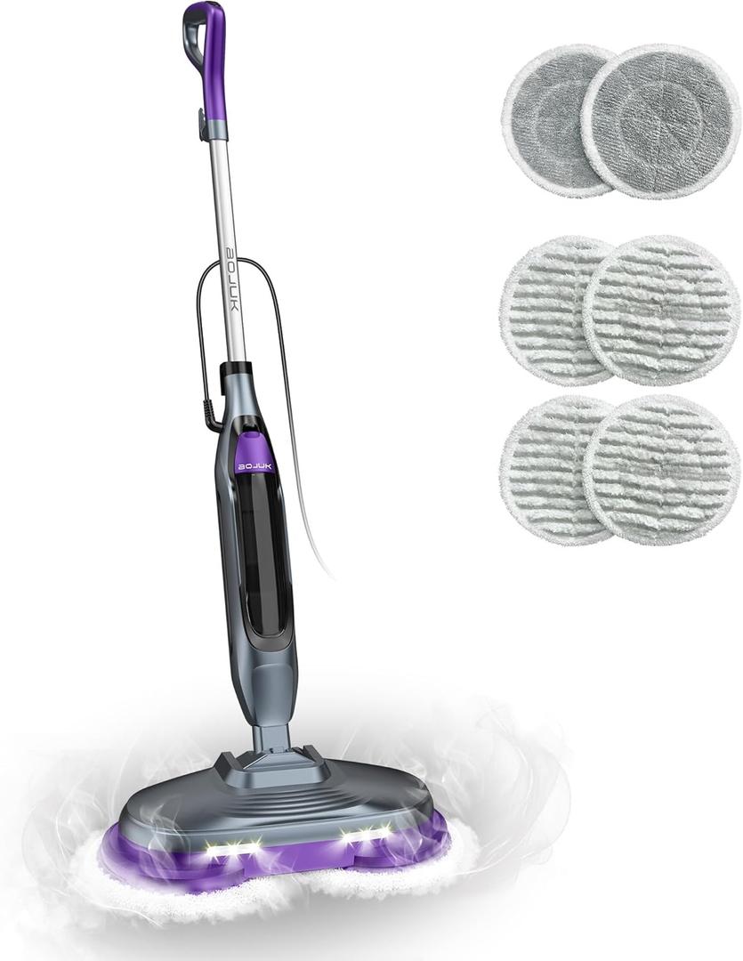 Scrub & Steam Mop with Rotating Mop Pads, LED Headlights, 6 Scrub Pads, Large Tank, Swivel Steering, Effortless Scrubbing Hard Floor Cleaner Upgraded (Black)