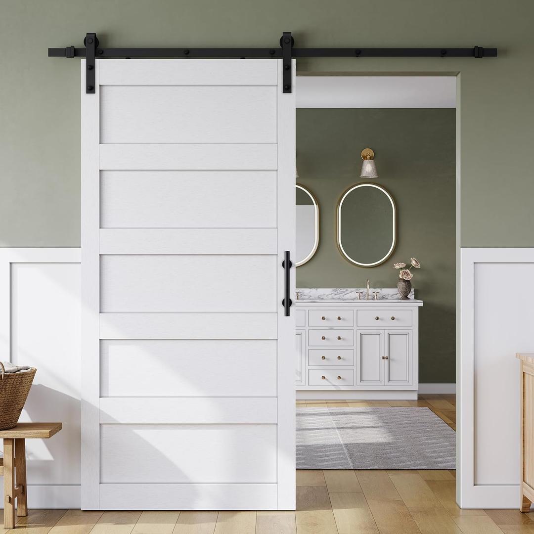 SmartStandard 38in x 84in Sliding Barn Door with 6.6FT Barn Door Hardware Track Kit & Handle, Waterproof PVC Surface, Pre-Drilled Holes Easy to Assemble, Solid, MDF, White, 5-Panel