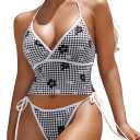 ZAFUL Women's Halter Tankini Swimsuits Cute V Neck Tummy Control Bathing Suit High Cut Tie Side Thong Tankini Set Swimwear (Black White) Small