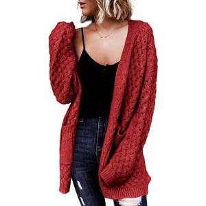 Dokotoo Women's 2026 Fashion Casual Open Front Long Sleeve Chunky Cable Knit Cardigans Sweaters Outerwear Coats with Pockets (Large, Red)