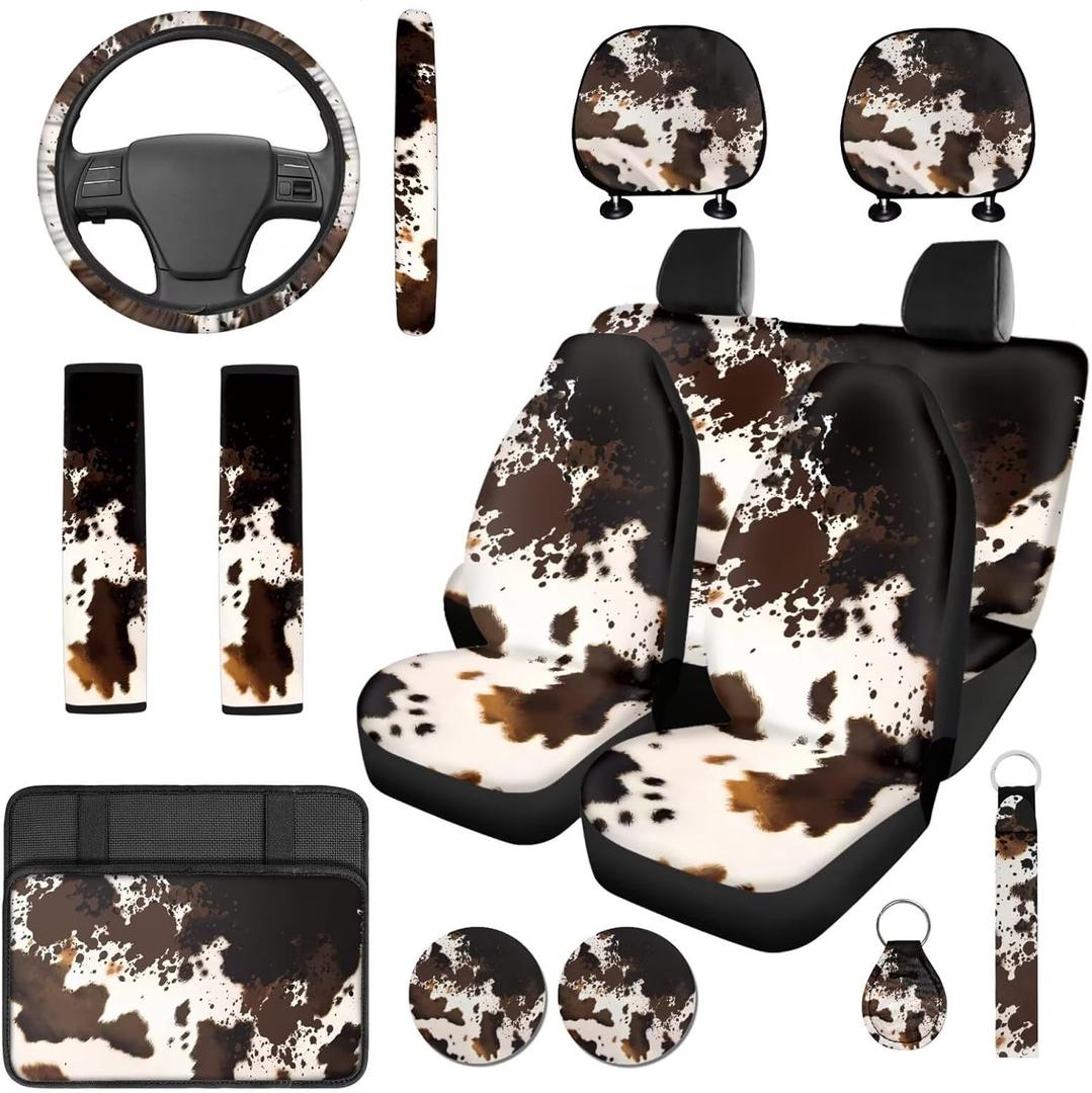 Brown Cow Print Car Seat Covers Set 14 Pcs with Steering Wheel Cover Seat Belt Cover Center Console Cover Head Rest Protector Fit Most Car, Truck, SUV, or Van