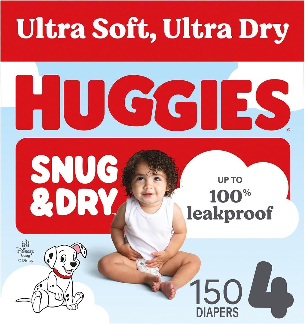 Huggies Snug & Dry Diapers Size 4, 150 Count Ultra Soft and Ultra Dry, Day & Night Protection, Gentle Absorb Liner, Wetness Indicator, Fragrance Free, No Parabens