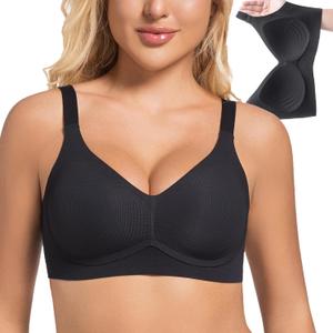 PRETTYWELL Wireless Bras for Women Molded Cup Comfort Seamless Push up No Underwire V-Neck Everyday Bra A to D Cup (Black, XXL)
