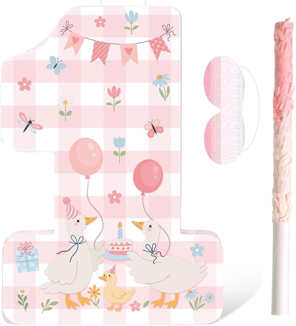 Pajean Silly Goose Piata Funny Goose 1st Birthday Decorations Pink Gingham Duck Number One Piata Set with Stick Blindfold for Baby Shower First Birthday Celebration Decor