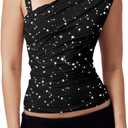 Women One Shoulder Top Ruched Mesh Crop Tank Slim Fit Shirt Glitter M