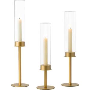 Hewory Gold Candle Holders Hurricane Candlestick Holders, 3Pcs Brass Candle Stick Candle Holder Candelabra, Taper Candle Holders with Glass Candle Cover for Wedding Table Centerpiece Christmas Decor