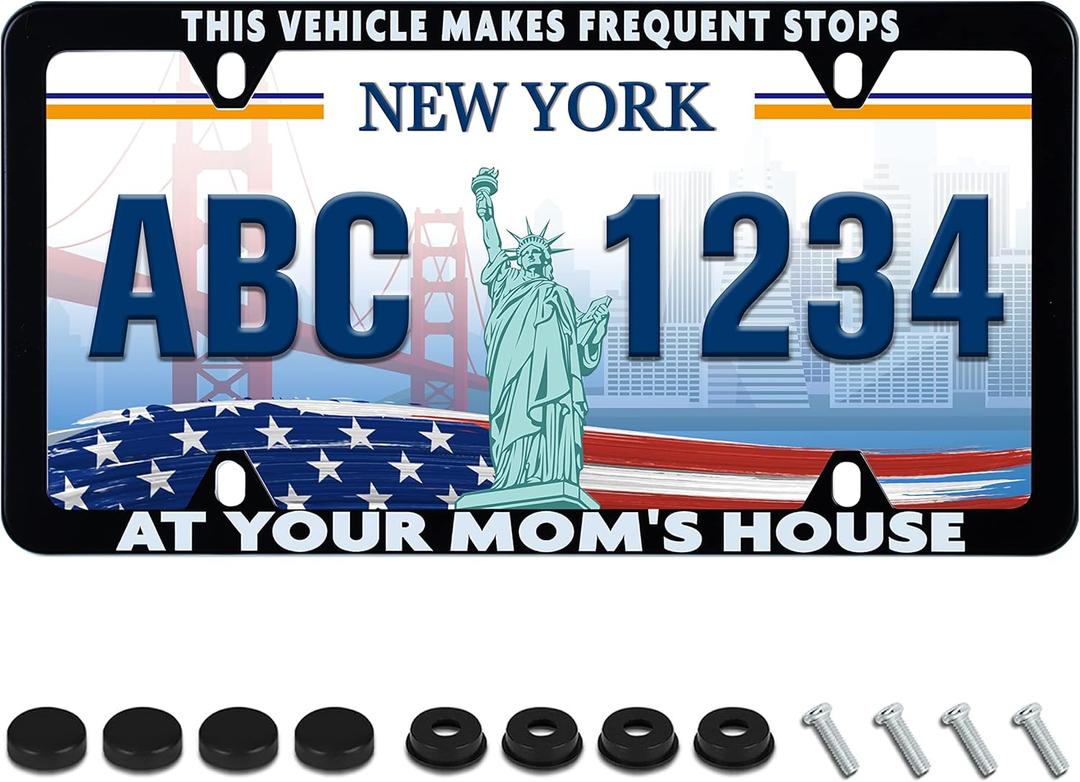 Funny License Plate Frame This Vehicle Makes Frequent Stops at Your Moms House License Plate Holder Humorous Text Stainless Steel Auto Parts Decoration with Screws for Men Women (1 Pack)