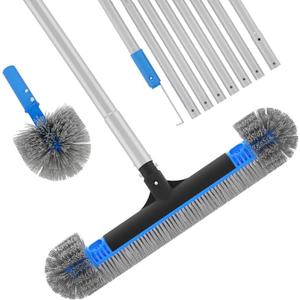 Upgraded Pool Brush Set - 20 2-in-1 Heavy Duty Detachable Round Brush with Extra Side Brush for Cleaning Hard-to-Reach Corners, 9 FT Aluminum Extended Pool Pole with Hidden Hook Retriever