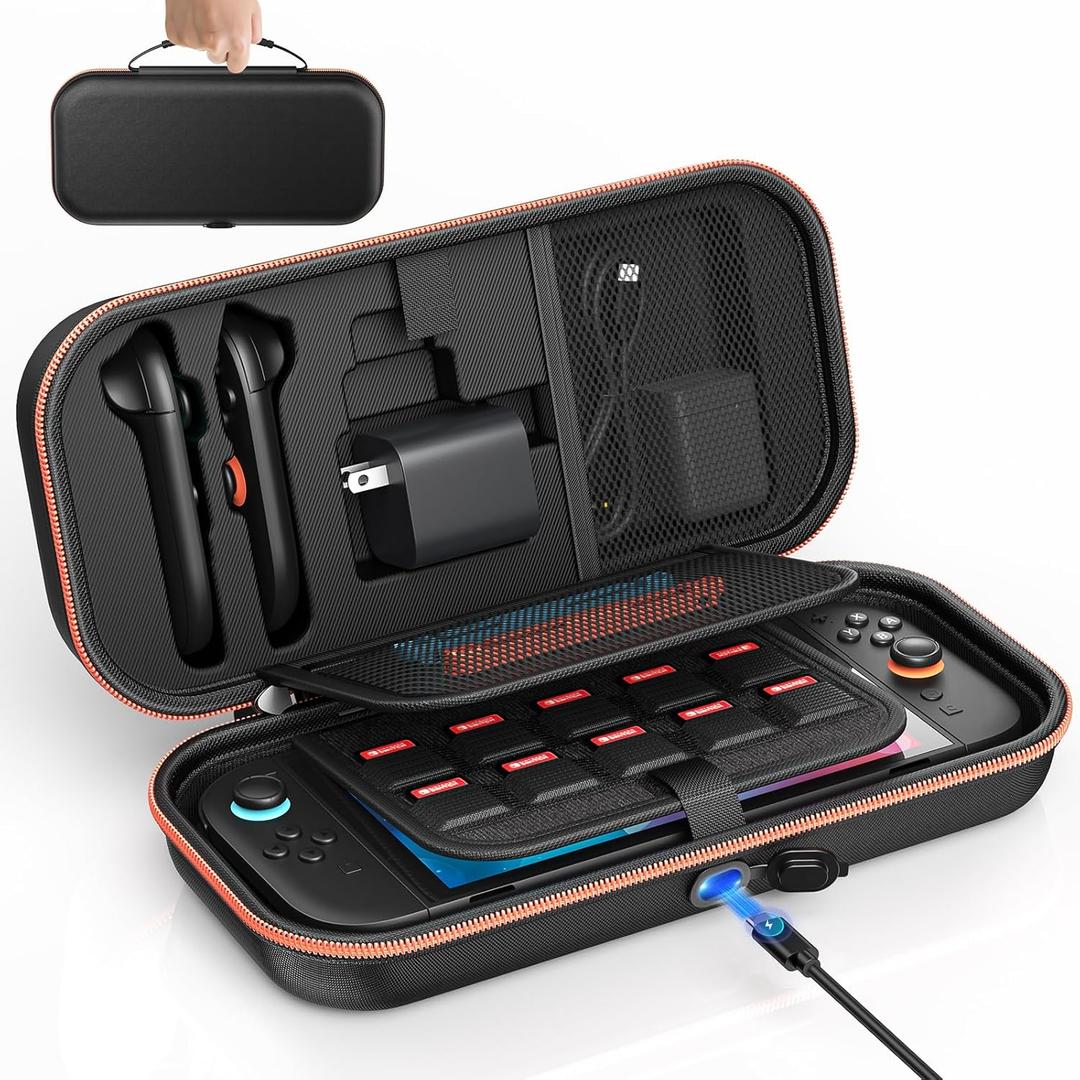 Auarte [Charge inside] Carrying Case for Nintendo Switch 2 2025 / Switch OLED / Switch with Adapter and for Joy Cons Storage, Travel Case for Switch 2 Console with 22 Game Card Storage (Carbon Black)