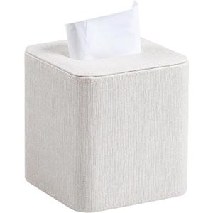 Square Linen Tissue Box Cover with Magnetic Closure, Modern PU Leather Tissue Box Holder for Bathroom Vanity NightStands Bedroom Office Desk, Stylish Cube Tissue Holder
