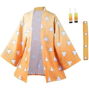 IOONCHI Tanjirou Robe Adult Green Plaid Cloak Kamado Tanjirou Cosplay Costume Color Block Kimono Cardigan Jacket Earrings Set, M