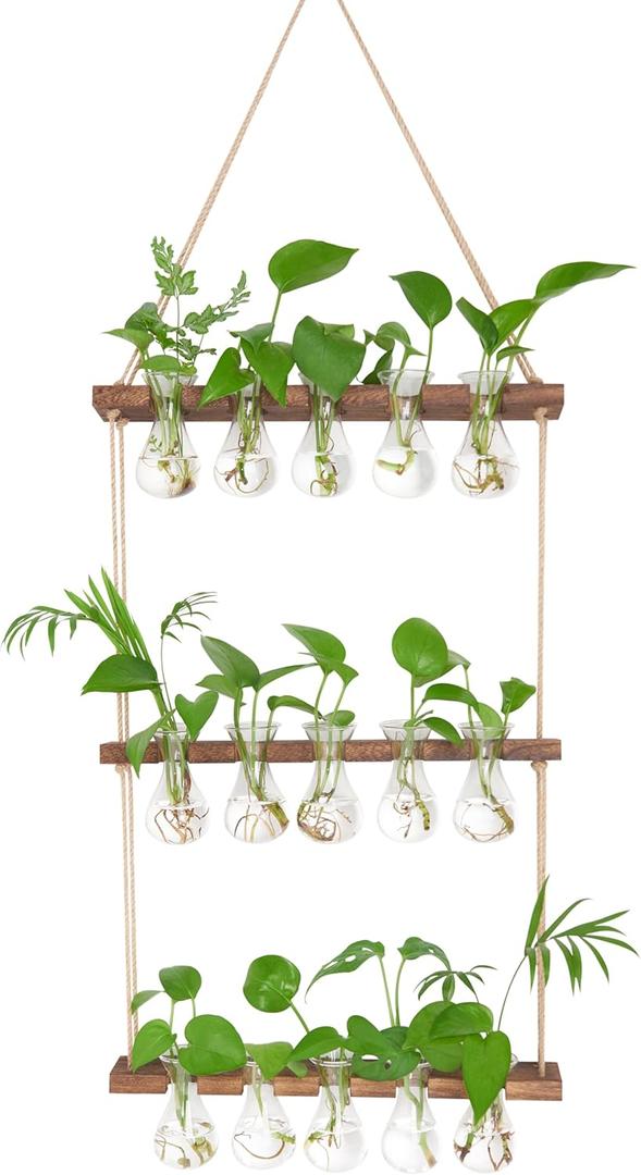 XXXFLOWER Wall Hanging Propagation Station with Wooden Stand 5 Bulb Vase 3 Tiers Planters Wall Terrarium for Home Office Plant Hanger Flower Vases Wall Decor(Brown)