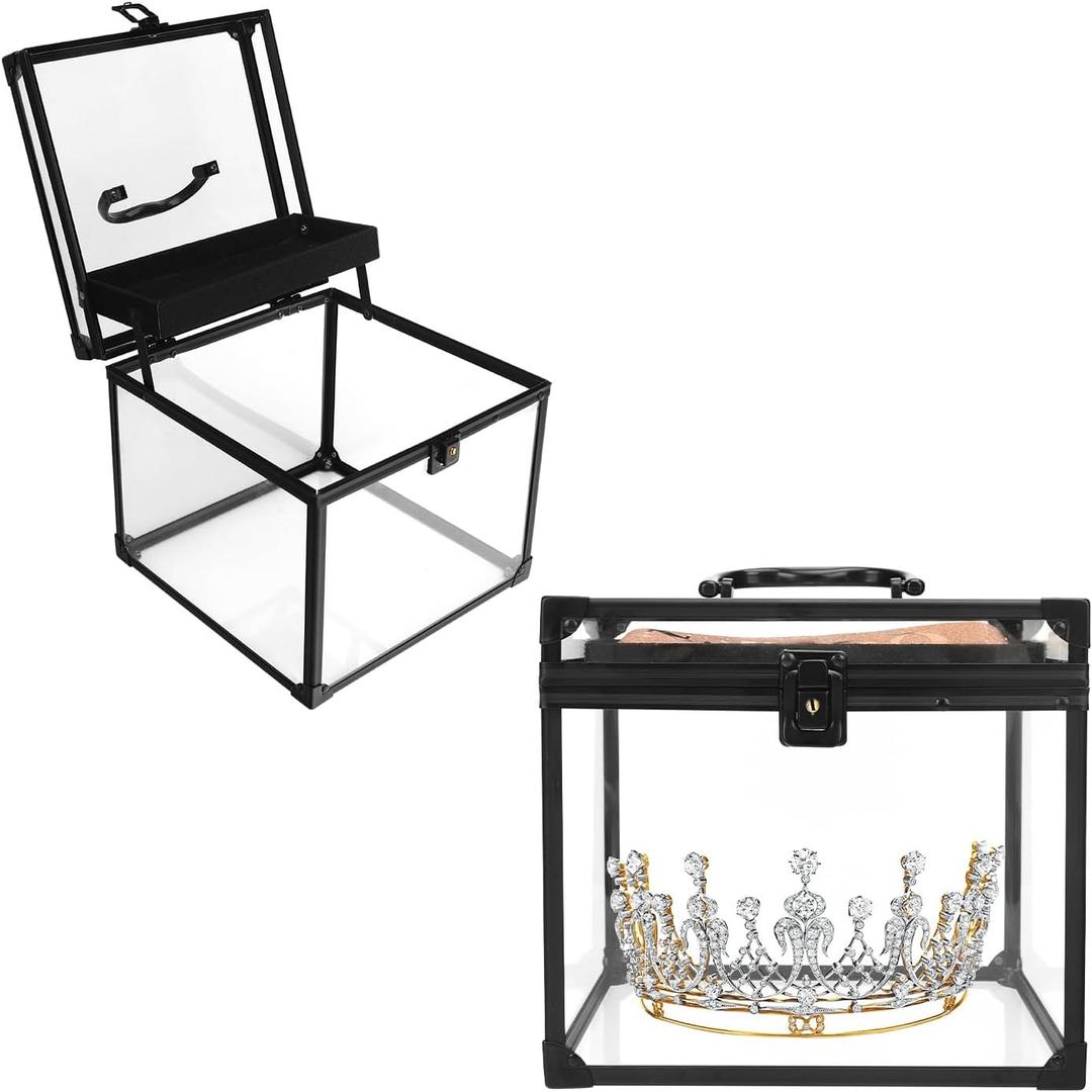 9inches Wide Pageant Crown Box Tiara Carrying Case Extra Large with Sash Holder Clear Acrylic Display Case,Toiletry and Cosmetic Organizer (Black, 230 * 230 * 190mm)