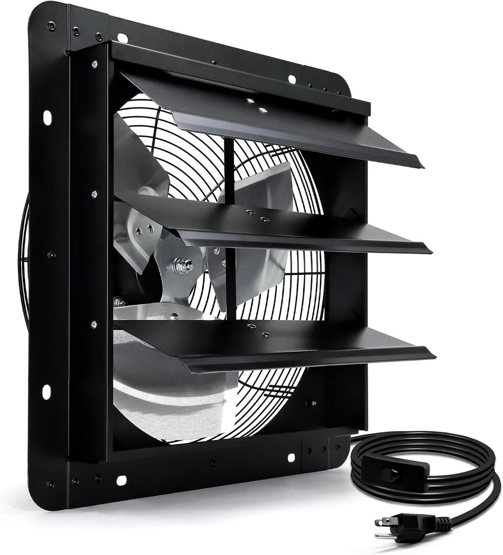 14 Inch Shutter Exhaust Fan, Wall Mount Attic Fan with Power Cord for Greenhouse, Shed, Garage, Barn, Chicken Coop Ventilation, 1088 CFM, Black