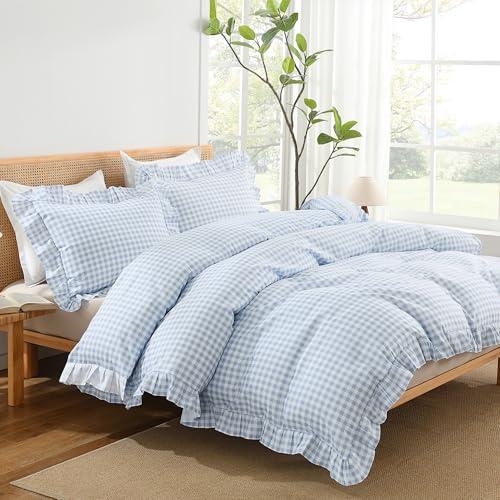 Andency Gingham Duvet Cover Full, Blue Ruffle Farmhouse Shabby Chic Duvet Cover, 3 Pieces Soft Pre-Washed Polyester Duvet Cover Set with Zipper Closure & Corner Ties, 79x90Inch