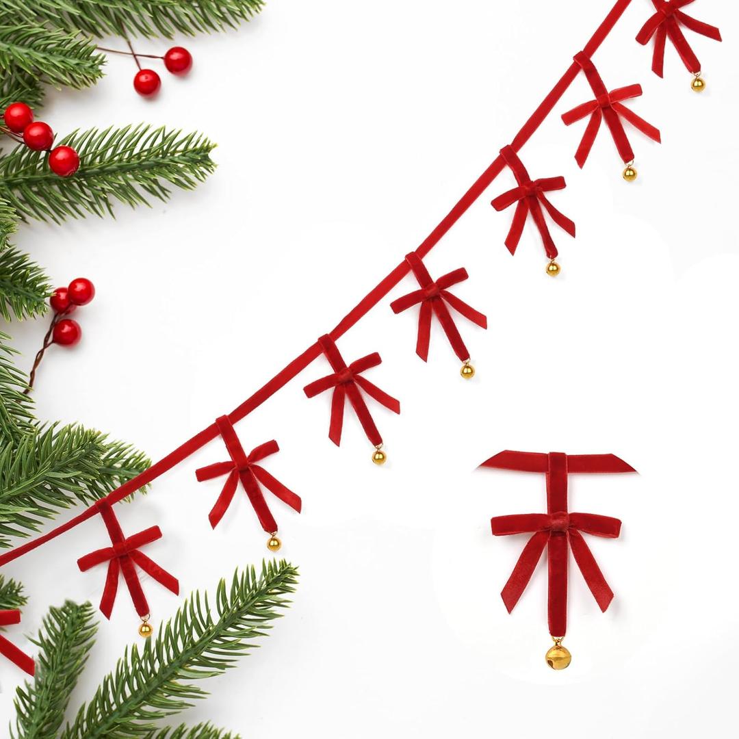 DEEKA 6.5 Feet Red Velvet Hanging Decorations for Christmas Ribbon Bows with Jingle Bell Xmas Tree Decor Long Vintage Wall Garland Fireplace Ornaments for Home Holiday (Red)