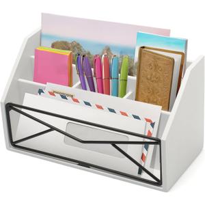 Prosumer's Choice Bamboo Desk Organizer  White Powder-Coated Natural Bamboo Mail Organizer for Countertop - Wooden Desktop Organizer for Mail, Files, Letters, and Tabletop Storage