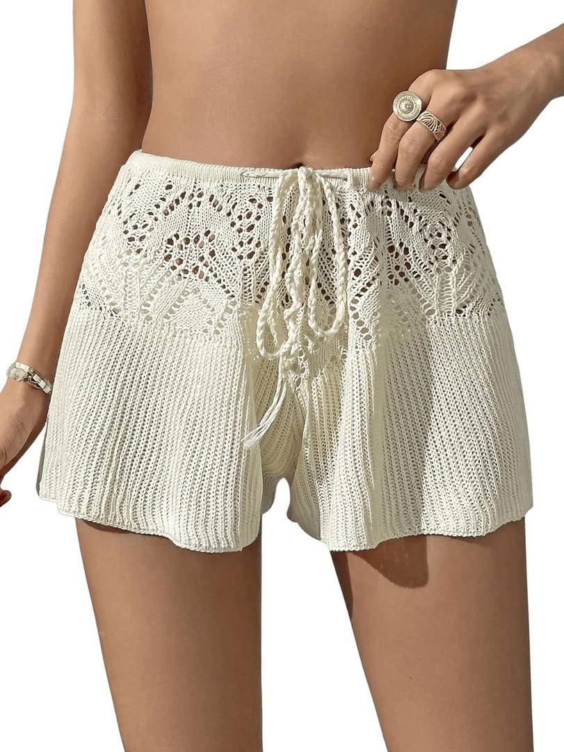 Verdusa Women's Hollow Out Crochet Beach Cover Up Knit Loose Wide Leg Shorts (Large, Beige)