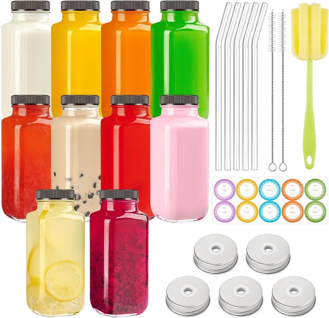 TUZAZO 10 Pack 8 Oz Glass Juice Bottles with Lids, Reusable Travel Drinking Jars Juice Containers, Glass Bottles for Juicing with Brush, Straws, Lids with Hole