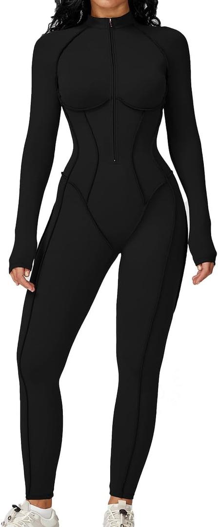 AEEZO Womens Contour Seams Long Sleeve Padded Workout Jumpsuit Zip Up Tummy Control One Piece Bodycon Yoga Rompers (Black, M)