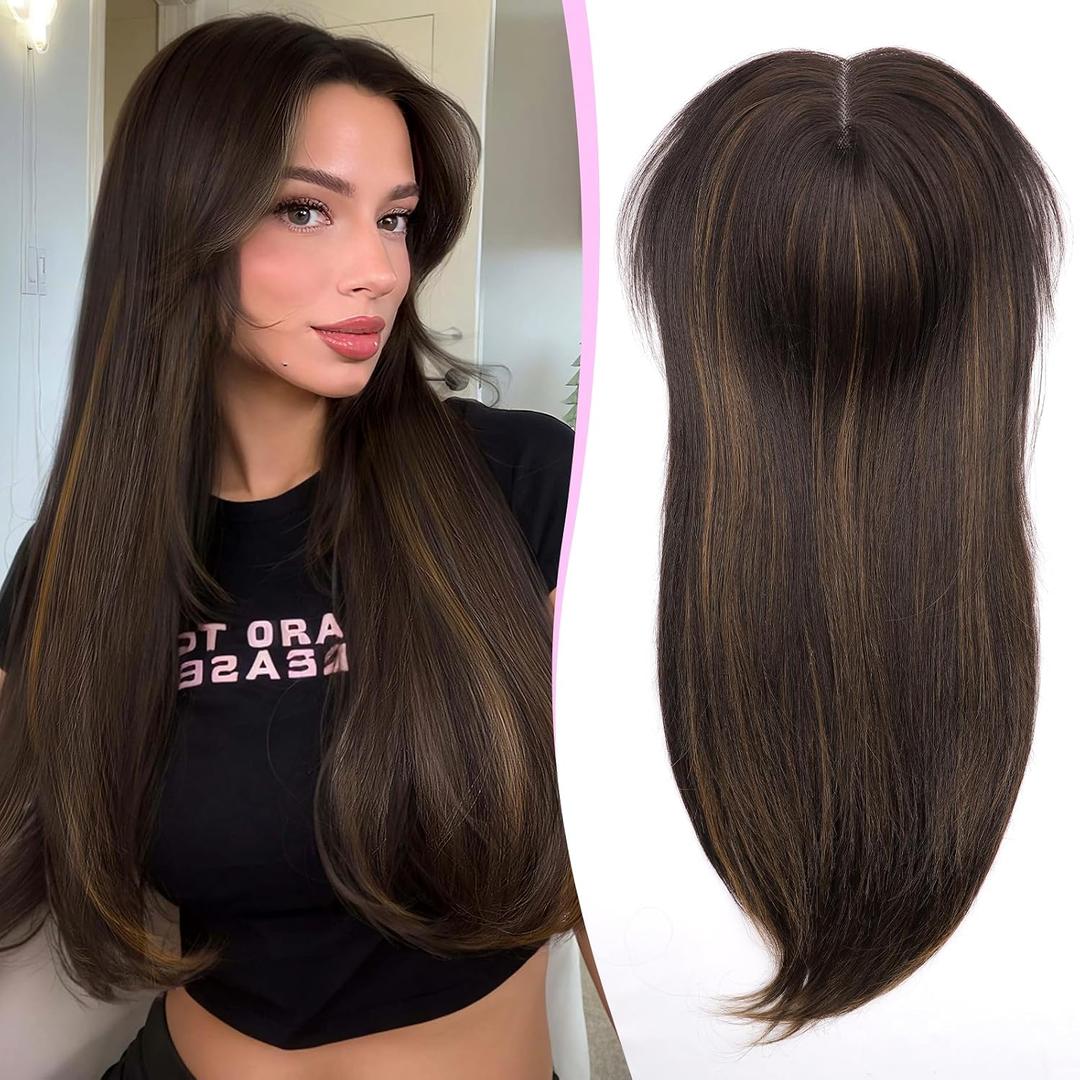Isaic 24 Inch Synthetic Hair Topper for Women 360 Clip-in with Adjustable Band, Layered Hairpiece for Thinning Hair Adds Volume & Natural Coverage (Balayage Dark Brown to Chestnut)