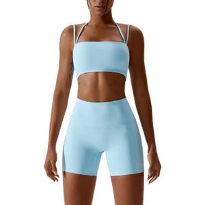 ABOCIW Workout Sets for Women 2 Piece Twist Front Halter Sports Bras High Waist Biker Shorts Exercise Gym Yoga Outfit (Small, Z-light Blue)