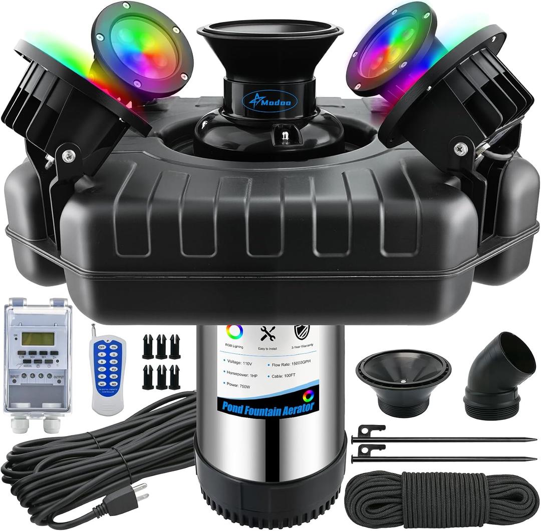 Pond Fountain Aerator with Lights Dynamic RGB Light 1HP 750W Floating Fountain for Pond Lake, 110V 15000 GPH Fully Automatic Stainless Steel Fountain Pump 100Ft Cord with 4 LED Lights and Nail, Rope