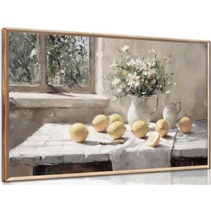 XXOUYLQ Vintage Kitchen Wall Art Yellow Lemon Still Life Pictures Daisy oil Painting Poster Rustic Farmhouse Artwork Posters White vase Canvas Bedroom Bathroom Wall Decor Kitchen Prints frame 16x32in