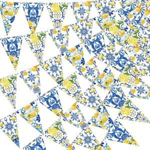 Faccito 5 Pcs Blue Tiles Lemon Decor Lemon Bunting Banners Blue Tiles Paper Pennant Garlands Lemonade Hanging Triangle Flags for Wedding Birthday Bridal Shower Bachelorette Party Decorations