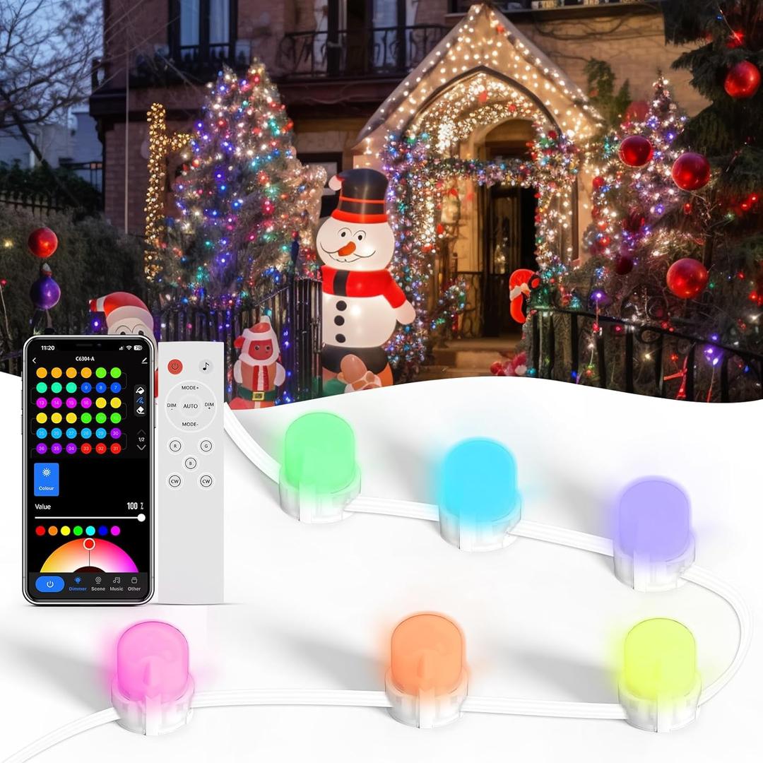 Smart RGB+IC Permanent String Lights Indoor and outdoor 76ft 200 LEDs Music Sync 110+ Scene Modes IP65 Waterproof With Alexa & Google Compatibility For Parties Holidays Everyday Ambiance Christmas