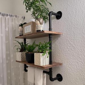 ROGMARS Industrial Pipe Shelving Bathroom Pipe Shelves with Towel Bar Over Toilet, 24 inch Pine Wood Floating Shelves for Wall Mounted Bedroom,Kitchen, Farmhouse, Living Room