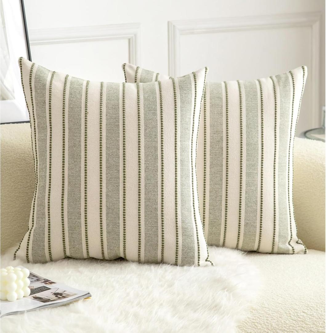 Decorative Boho Throw Pillow Covers, Farmhouse Textured Pillow Case, 18 x 18 Inch Set of 2, Chair Sofa Bedroom Living Room Home Decor Couch Cushion Case, Olive Green and Beige Striped