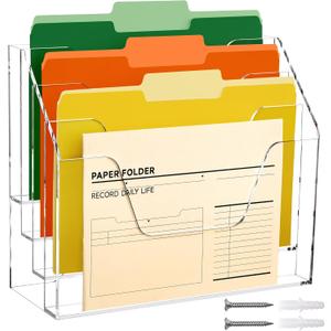 DINGHUO Acrylic Desk File Mail Organizer Wall Mounted, 4-Tier Hanging File Folder Holder, Clear Office Magazine Rack (Adhesive Hooks x 2)