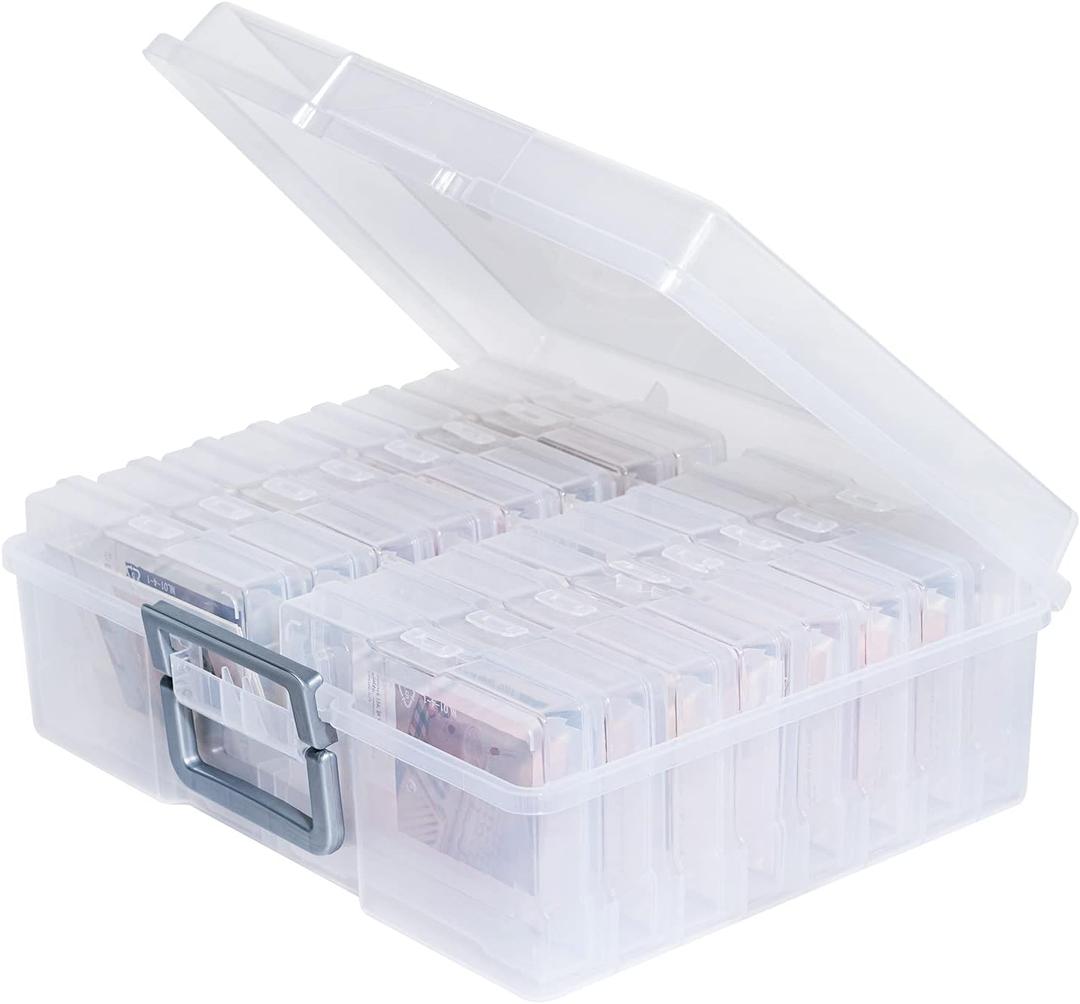 novelinks Transparent 4" x 6" Photo Organizers and Photo Storage Box with Handle, 16 Inner Photo Cases, Portable Picture Organizers & Photo Storage Containers (Clear-Silver Handle)