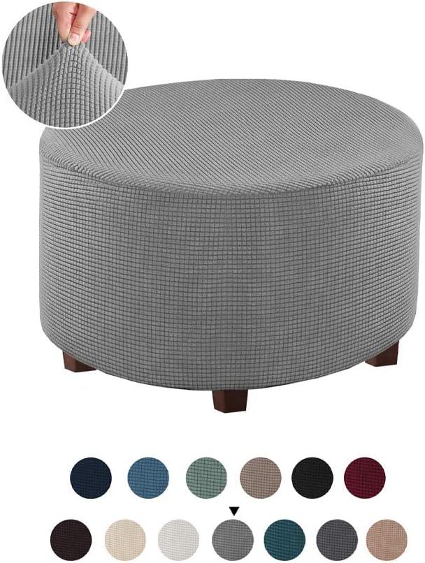 Round Ottoman Slipcover Polyester Blend Footstool Protector Covers Stretch with Elastic Bottom Feature Textured Machine Washable Jacquard Fabric (Gray, X-Large Size)