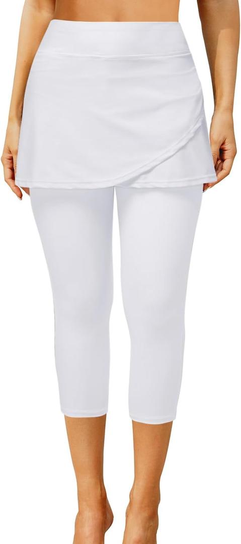 Pinup Fashion Swim Leggings with Skirt - Women Swimming Pants Capris Swimsuit High Waisted UV Swimwear Tights (Medium, White)