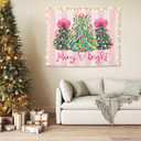 WHCHJ Coquette Christmas Tree Tapestry Backdrop, Merry and Bright Christmas Tapestry Wall Hanging, Preppy Girly Pink Striped Xmas Tapestries Wall Blanket Decor for Party Home Room Dorm, 50x60 Inch