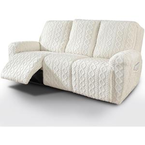 vctops 8 Pieces Geometric Jacquard Plush Recliner Sofa Covers Soft Fuzzy Fluffy 3 Seats Couch Cover Anti-Slip Sofa Slipcover Furniture Protector with Elastic Bottom for Kids Pet(Cream,3 Seat)