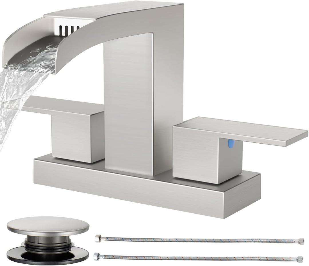 Cobbe Waterfall Bathroom Faucets 3 Hole, Brushed Nickel Bathroom Sink Faucet Square 4 Inch Centerset with Pop-Up Drain, 2 Handle and 2 Supply Hoses, Lead-Free Stainless Steel for Vanity Sink Rv