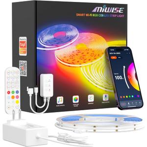 MIWISE RGB COB LED Strip Light 32.8ft/10m,Color Changing Dimmable Super Bright Strip Light 24V,Work with Alexa/Google Assistant/Tuya Multicolor Flexible Tape Light,for TV,Bedroom,Party DIY Decoration