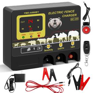 16.5 Joule Electric Fence Charger, 16.5 Joule Stored / 15.5 Joule Output Electric Fence Energizer, 14KV Output Voltage, Range 62 Miles, Dual Power 12V DC / 100-240V AC, with Alarm