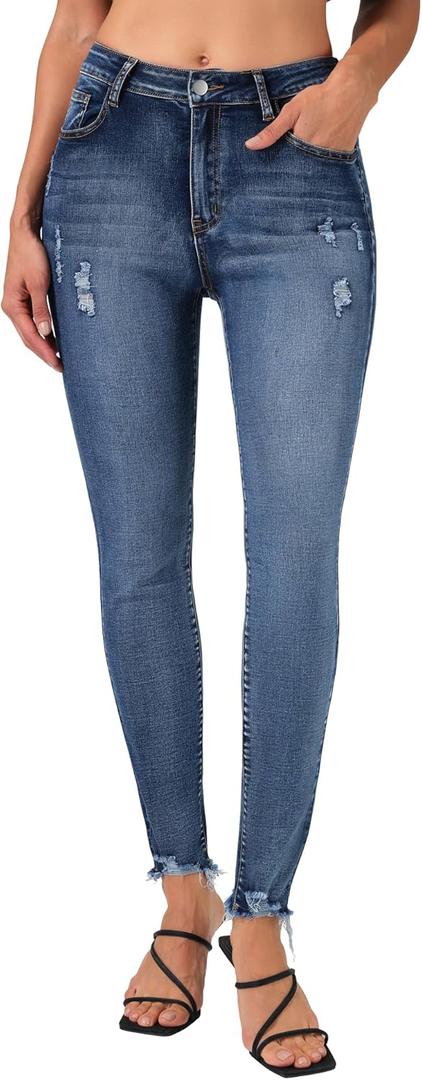 roswear Skinny Jeans for Women Mid Rise Ripped Stretchy Denim Pants Trendy Slim Fit Distressed Jeans (Small, Blue)