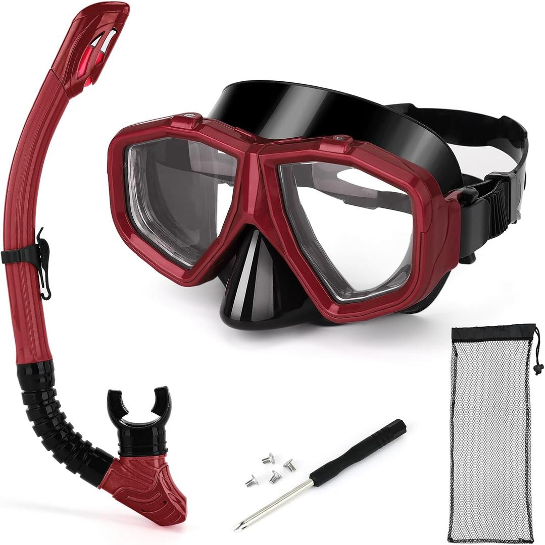 Replaceable Nearsighted Snorkeling Gear for Adults Youth, Short-sighted Anti-Fog Diving Mask & Full Dry Top Silicone Snorkel for Scuba Diving, Snorkeling, Freediving