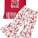 Kids Toddler Baby Girl Crawfish Boil Outfit Red Tassel Shirts with Flare Pants Set 2Pcs Summer Clothes, 2-3Y