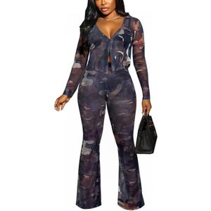 Acelyn Sexy 2 Piece Outfits for Women Summer Mesh Printed Long Sleeve Button Down Shirt Tops and Bodycon Flared Pants Sets (X, Black)